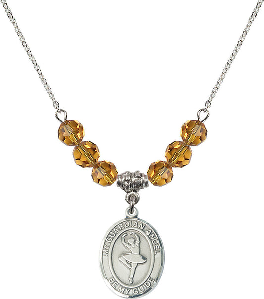 Sterling Silver Guardian Angel/Dance Birthstone Necklace with Topaz Beads - 8712