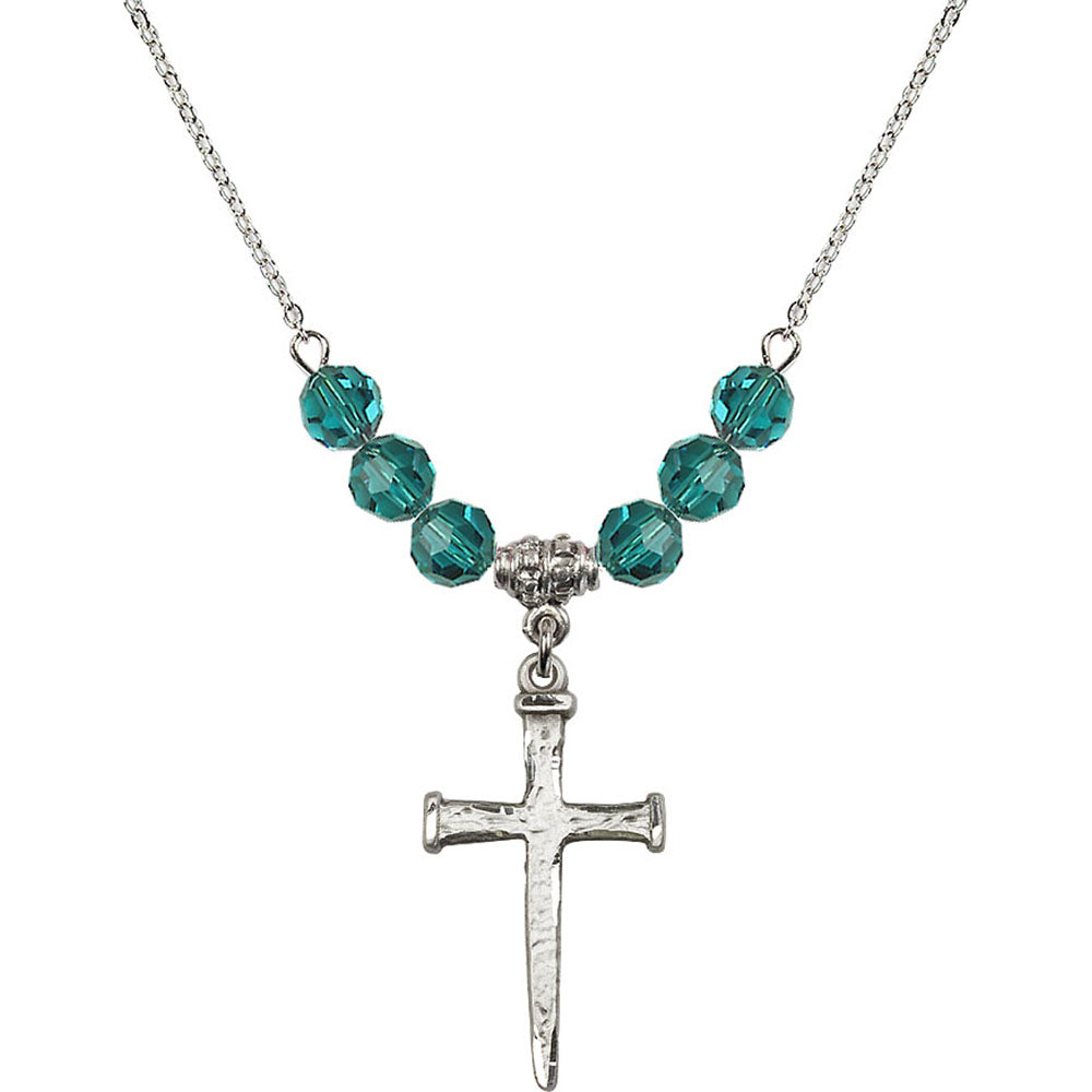 Sterling Silver Nail Cross Birthstone Necklace with Zircon Beads - 0085