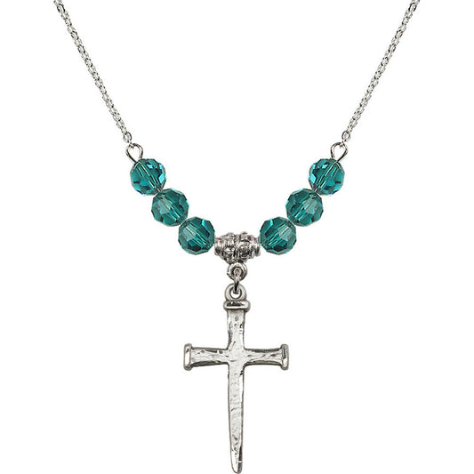 Sterling Silver Nail Cross Birthstone Necklace with Zircon Beads - 0085