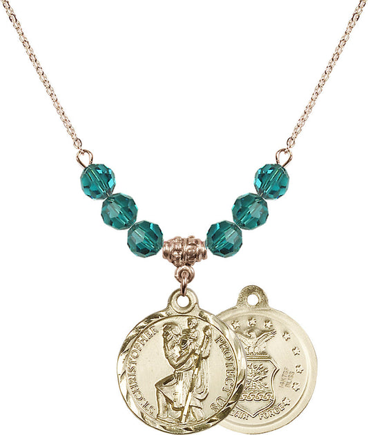 14kt Gold Filled Saint Christopher / Air Force Birthstone Necklace with Zircon Beads - 0192