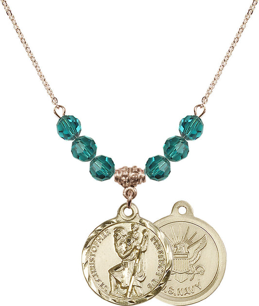 14kt Gold Filled Saint Christopher / Navy Birthstone Necklace with Zircon Beads - 0192