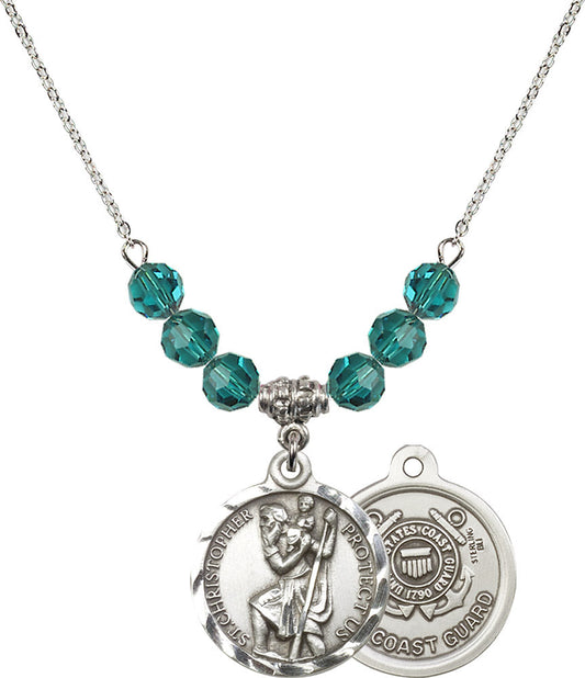 Sterling Silver Saint Christopher / Coast Guard Birthstone Necklace with Zircon Beads - 0192