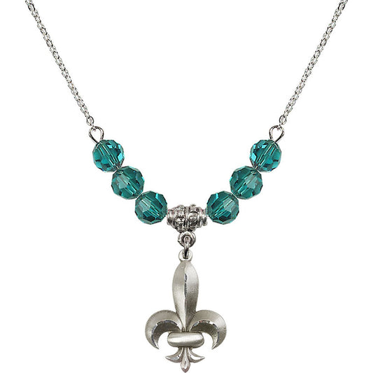 Sterling Silver Fleur de Lis Birthstone Necklace with Zircon Beads - 0294