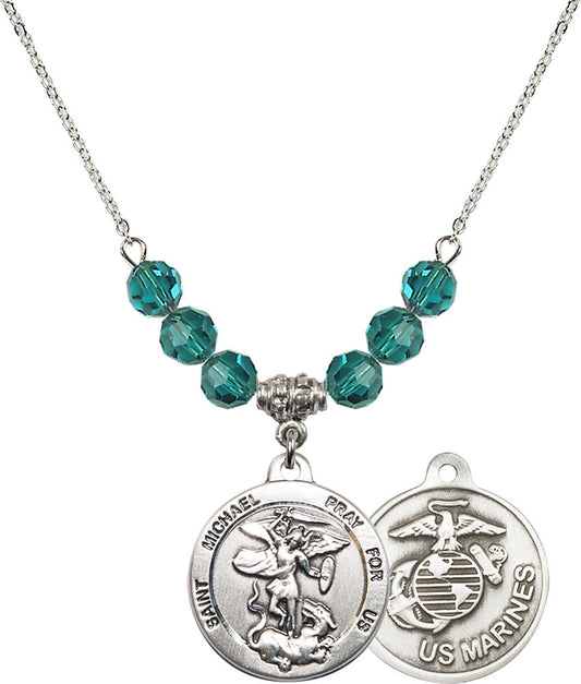 Sterling Silver Saint Michael / Marines Birthstone Necklace with Zircon Beads - 0342