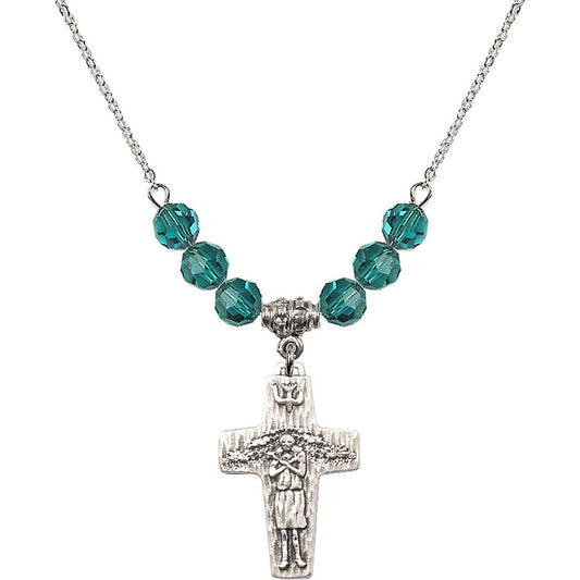 Sterling Silver Papal Crucifix Birthstone Necklace with Zircon Beads - 0569