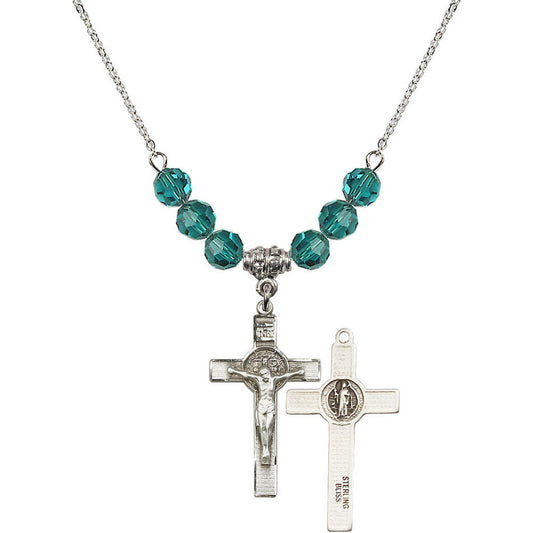 Sterling Silver Saint Benedict Crucifix Birthstone Necklace with Zircon Beads - 0625