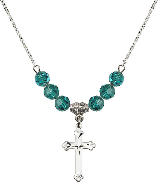 Sterling Silver Cross Birthstone Necklace with Zircon Beads - 0667