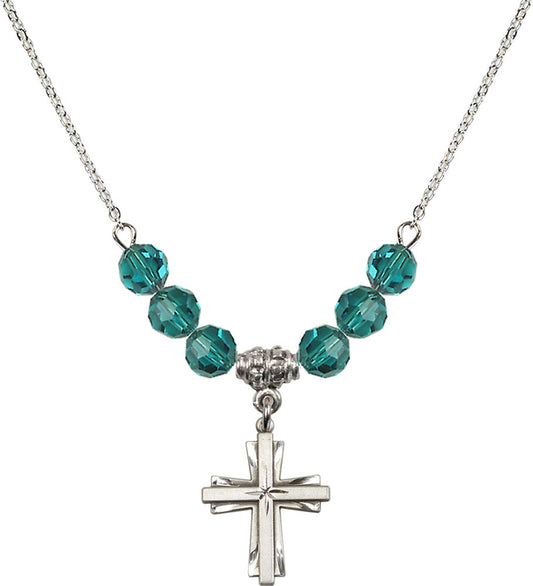 Sterling Silver Cross Birthstone Necklace with Zircon Beads - 0675