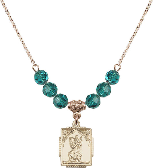 14kt Gold Filled Saint Christopher Birthstone Necklace with Zircon Beads - 0804