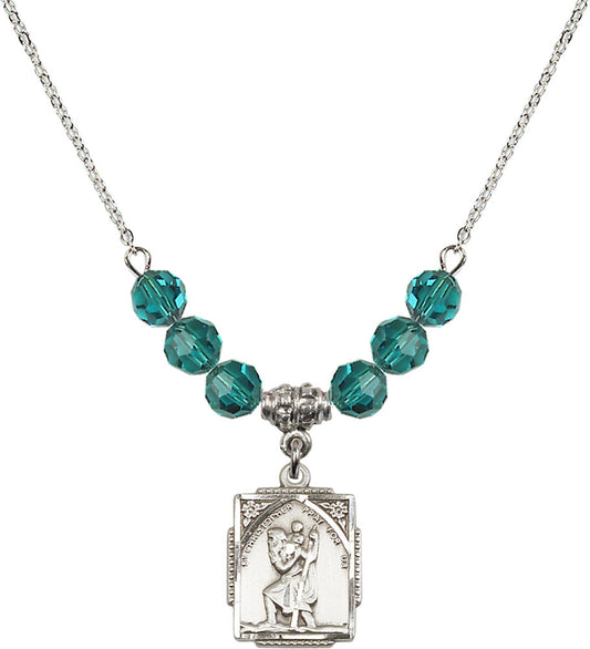 Sterling Silver Saint Christopher Birthstone Necklace with Zircon Beads - 0804