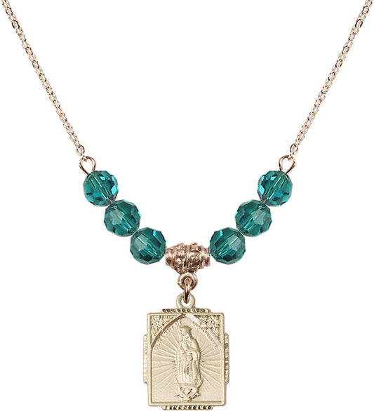 14kt Gold Filled Our Lady of Guadalupe Birthstone Necklace with Zircon Beads - 0804