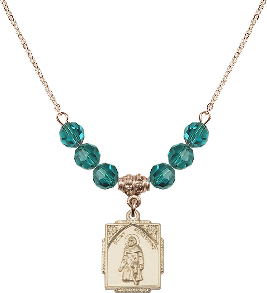 14kt Gold Filled Saint Peregrine Birthstone Necklace with Zircon Beads - 0804