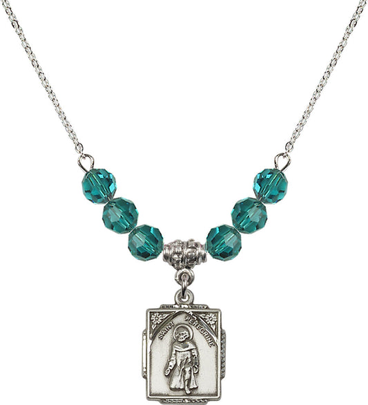 Sterling Silver Saint Peregrine Birthstone Necklace with Zircon Beads - 0804