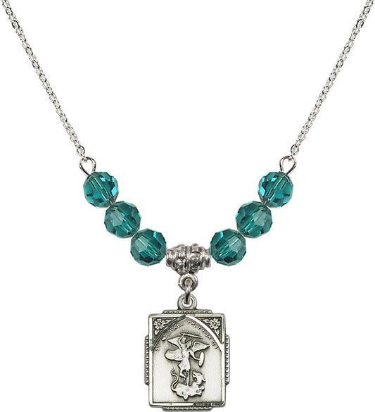 Sterling Silver Saint Michael the Archangel Birthstone Necklace with Zircon Beads - 0804