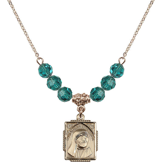 14kt Gold Filled Saint Teresa of Calcutta Birthstone Necklace with Zircon Beads - 0804