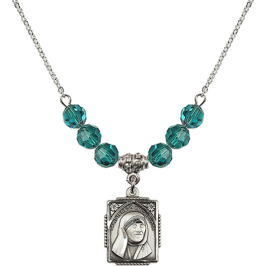 Sterling Silver Saint Teresa of Calcutta Birthstone Necklace with Zircon Beads - 0804