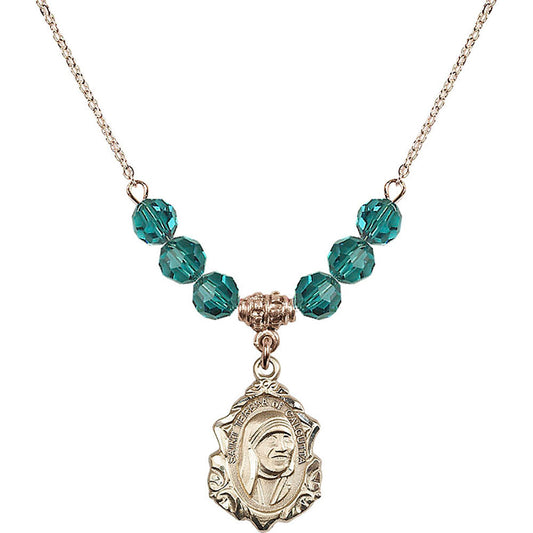 14kt Gold Filled Saint Teresa of Calcutta Birthstone Necklace with Zircon Beads - 0812
