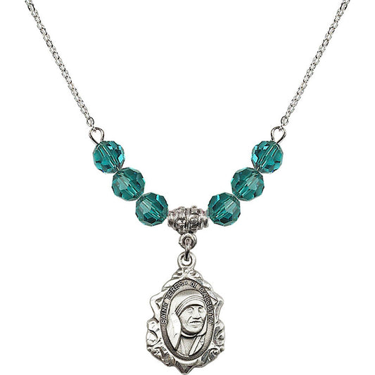 Sterling Silver Saint Teresa of Calcutta Birthstone Necklace with Zircon Beads - 0812