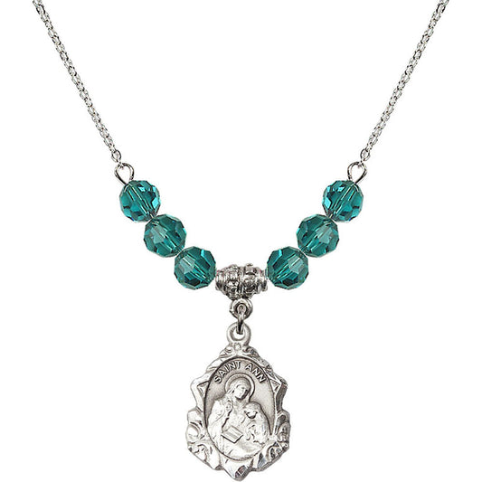 Sterling Silver Saint Ann Birthstone Necklace with Zircon Beads - 0822