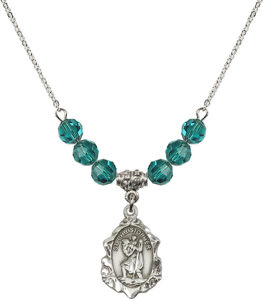 Sterling Silver Saint Christopher Birthstone Necklace with Zircon Beads - 0822