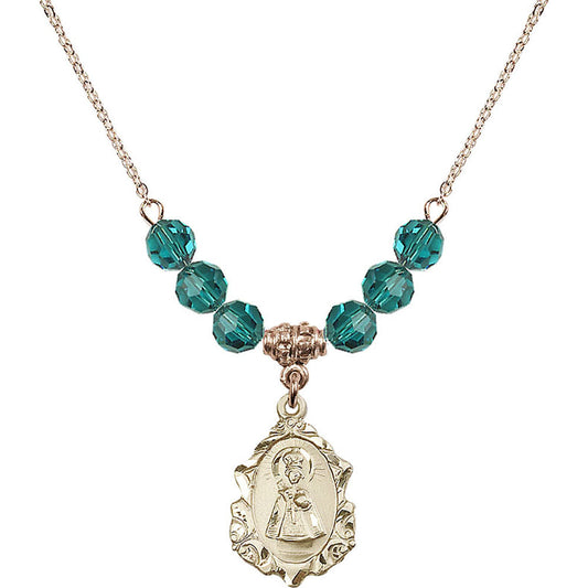 14kt Gold Filled Infant of Prague Birthstone Necklace with Zircon Beads - 0822