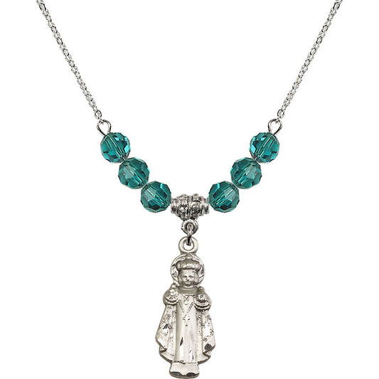 Sterling Silver Infant of Prague Birthstone Necklace with Zircon Beads - 0824