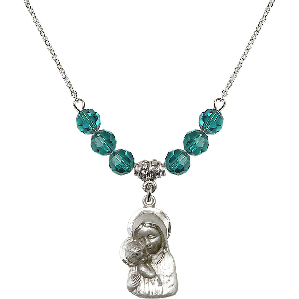 Sterling Silver Madonna & Child Birthstone Necklace with Zircon Beads - 1612
