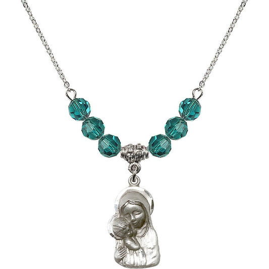 Sterling Silver Madonna & Child Birthstone Necklace with Zircon Beads - 1612