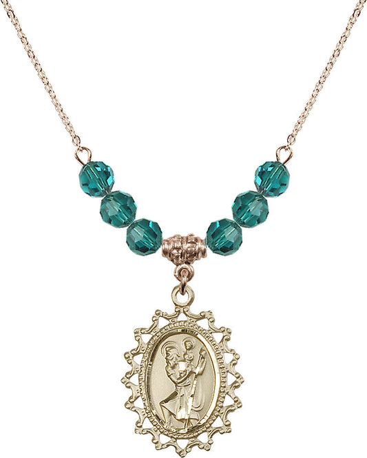 14kt Gold Filled Saint Christopher Birthstone Necklace with Zircon Beads - 1619