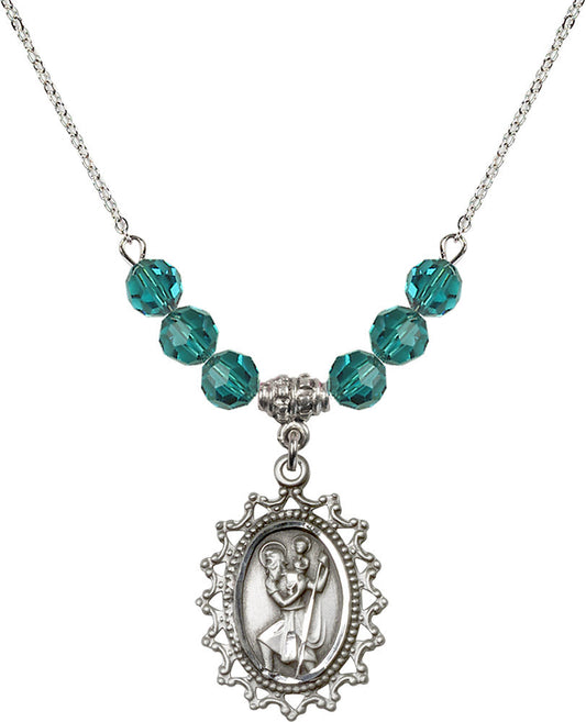 Sterling Silver Saint Christopher Birthstone Necklace with Zircon Beads - 1619