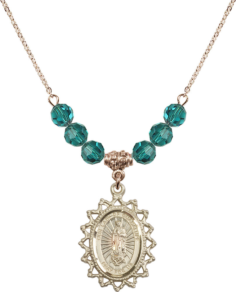 14kt Gold Filled Our Lady of Guadalupe Birthstone Necklace with Zircon Beads - 1619