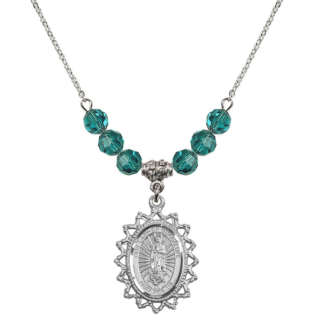Sterling Silver Our Lady of Guadalupe Birthstone Necklace with Zircon Beads - 1619