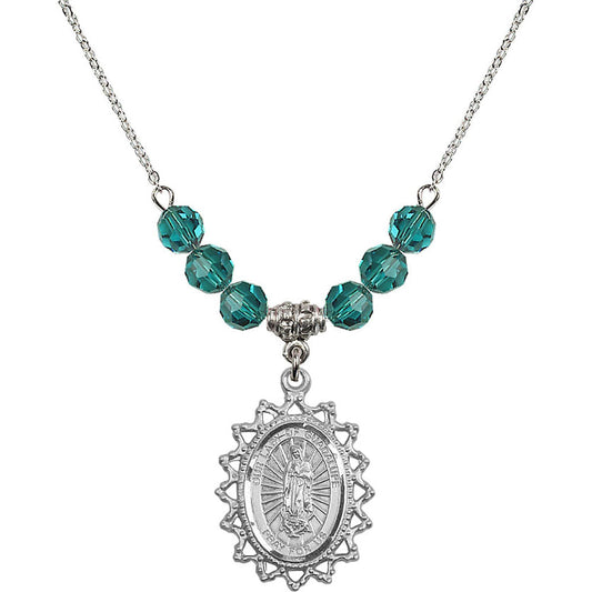 Sterling Silver Our Lady of Guadalupe Birthstone Necklace with Zircon Beads - 1619