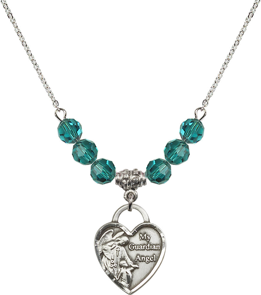 Sterling Silver Guardian Angel Heart Birthstone Necklace with Zircon Beads - 3202