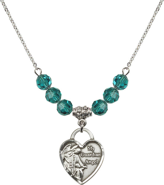 Sterling Silver Guardian Angel Heart Birthstone Necklace with Zircon Beads - 3202