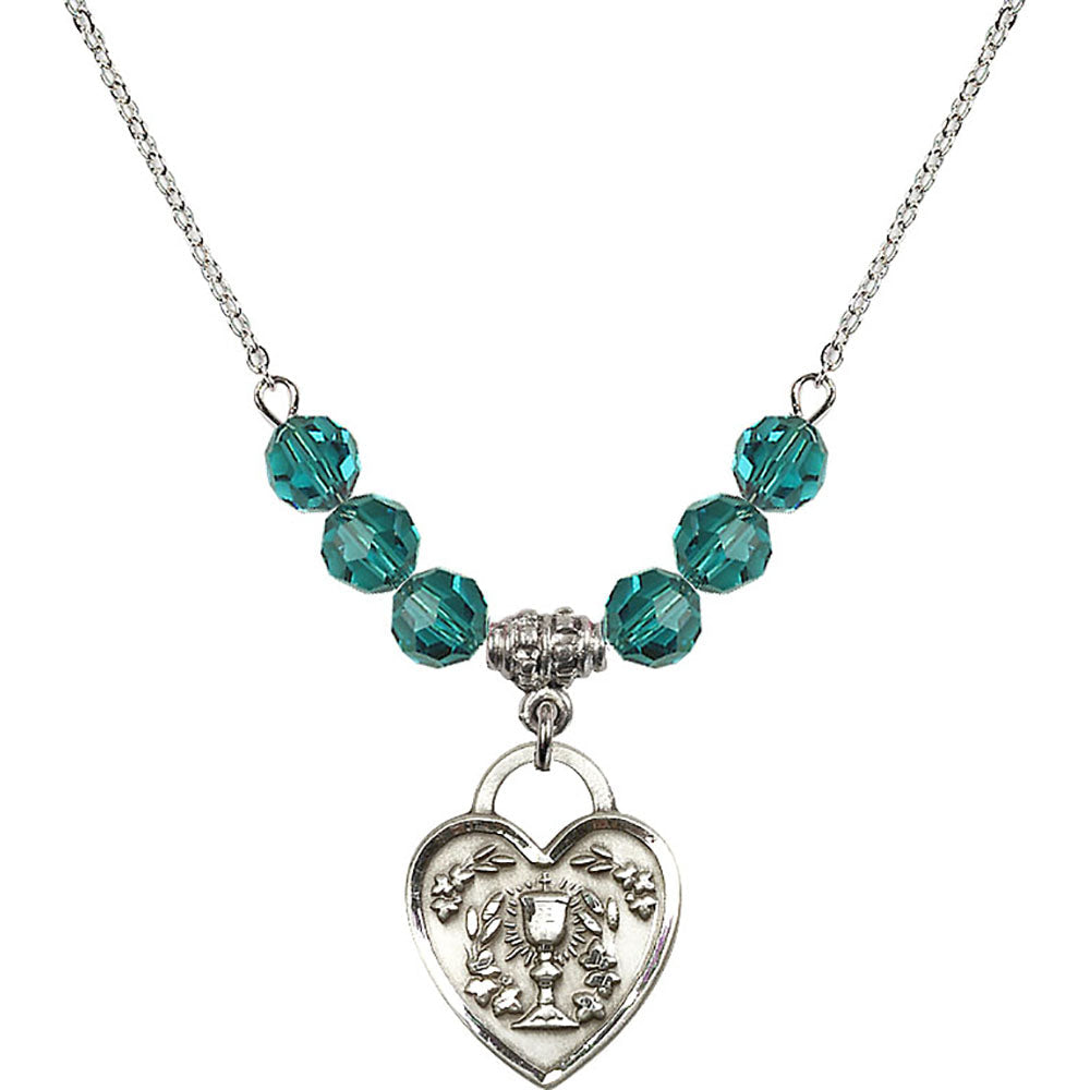 Sterling Silver Communion Heart Birthstone Necklace with Zircon Beads - 3204