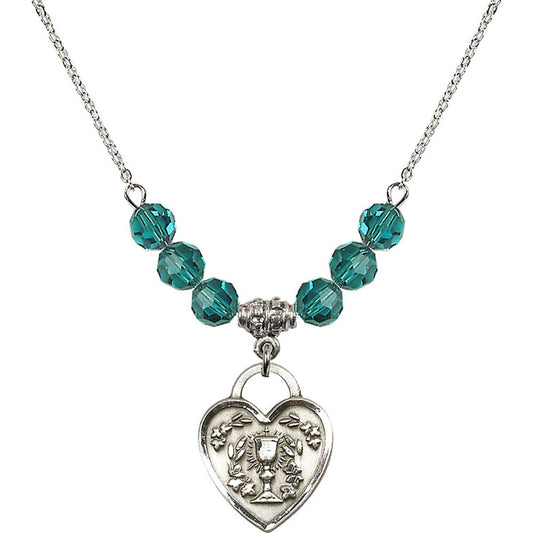 Sterling Silver Communion Heart Birthstone Necklace with Zircon Beads - 3204