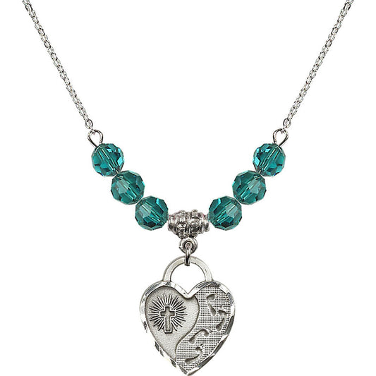 Sterling Silver Footprints Heart Birthstone Necklace with Zircon Beads - 3207