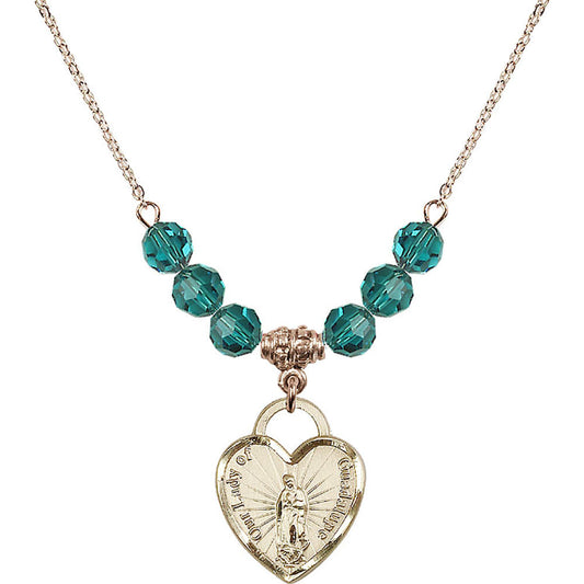 14kt Gold Filled Our Lady of Guadalupe Heart / Recuerdo Birthstone Necklace with Zircon Beads - 3209