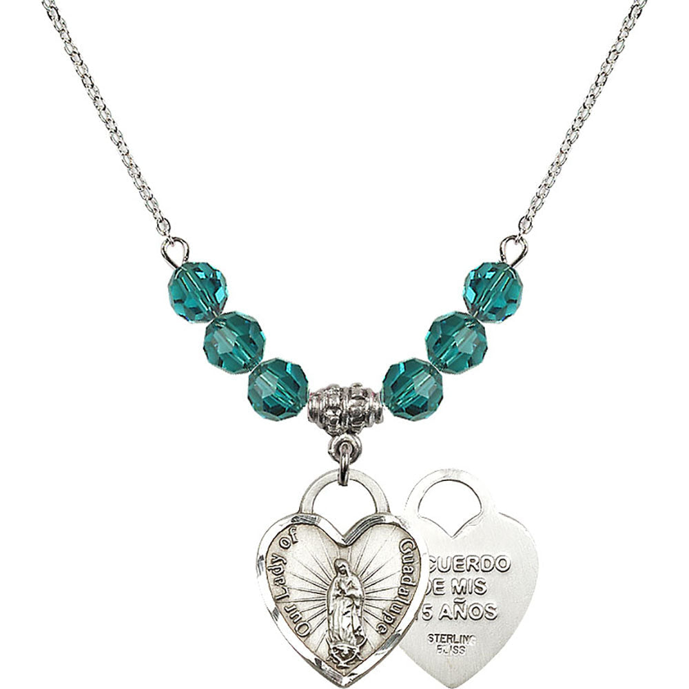 Sterling Silver Our Lady of Guadalupe Heart / Recuerdo Birthstone Necklace with Zircon Beads - 3209