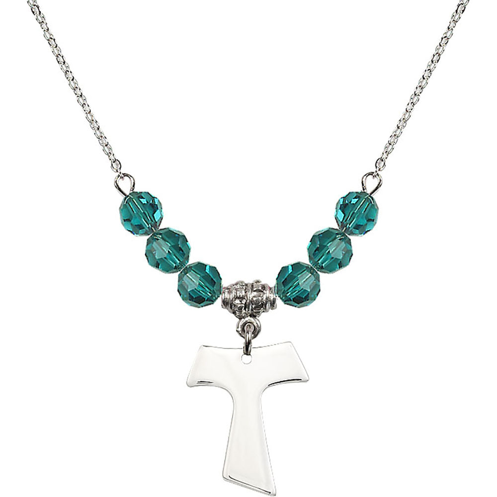 Sterling Silver Tau Cross Birthstone Necklace with Zircon Beads - 3948