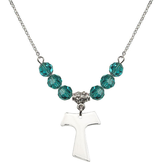 Sterling Silver Tau Cross Birthstone Necklace with Zircon Beads - 3948