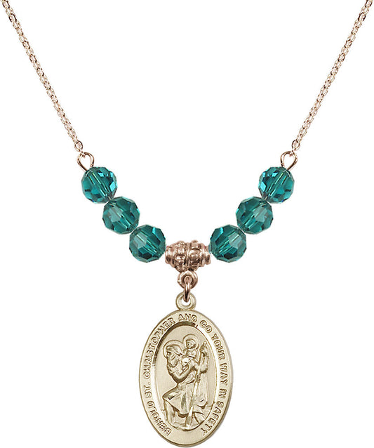 14kt Gold Filled Saint Christopher Birthstone Necklace with Zircon Beads - 4123