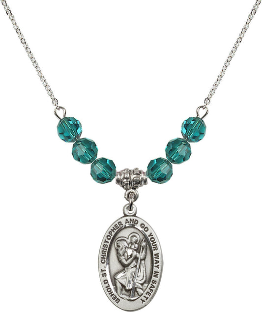 Sterling Silver Saint Christopher Birthstone Necklace with Zircon Beads - 4123