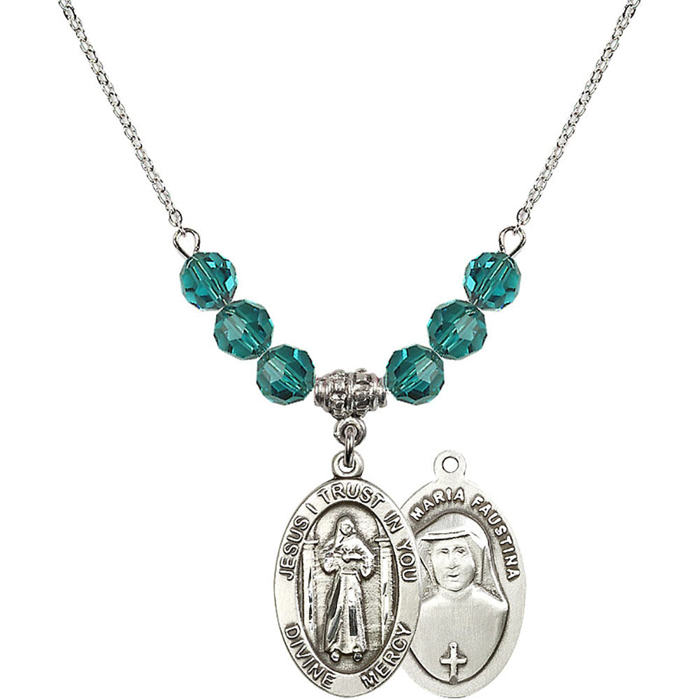Sterling Silver Divine Mercy Birthstone Necklace with Zircon Beads - 4123