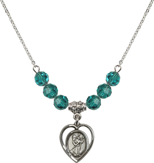 Sterling Silver Saint Christopher Birthstone Necklace with Zircon Beads - 4127