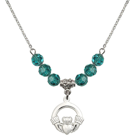 Sterling Silver Claddagh Birthstone Necklace with Zircon Beads - 4138