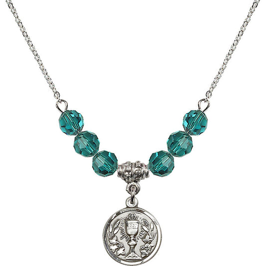 Sterling Silver Communion Chalice Birthstone Necklace with Zircon Beads - 4203