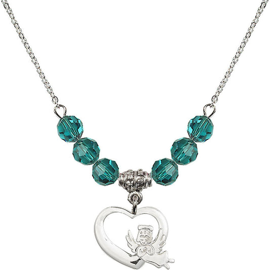 Sterling Silver Heart / Guardian Angel Birthstone Necklace with Zircon Beads - 4206