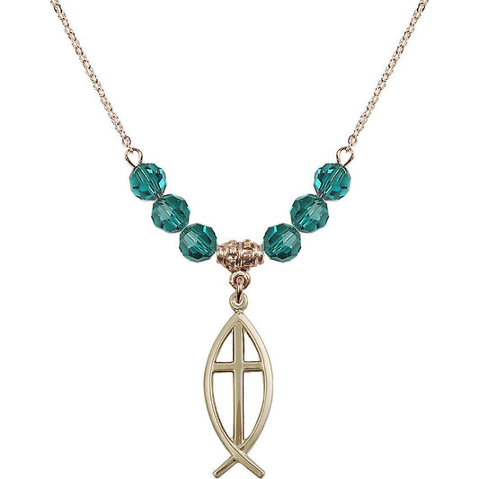 14kt Gold Filled Fish / Cross Birthstone Necklace with Zircon Beads - 4252